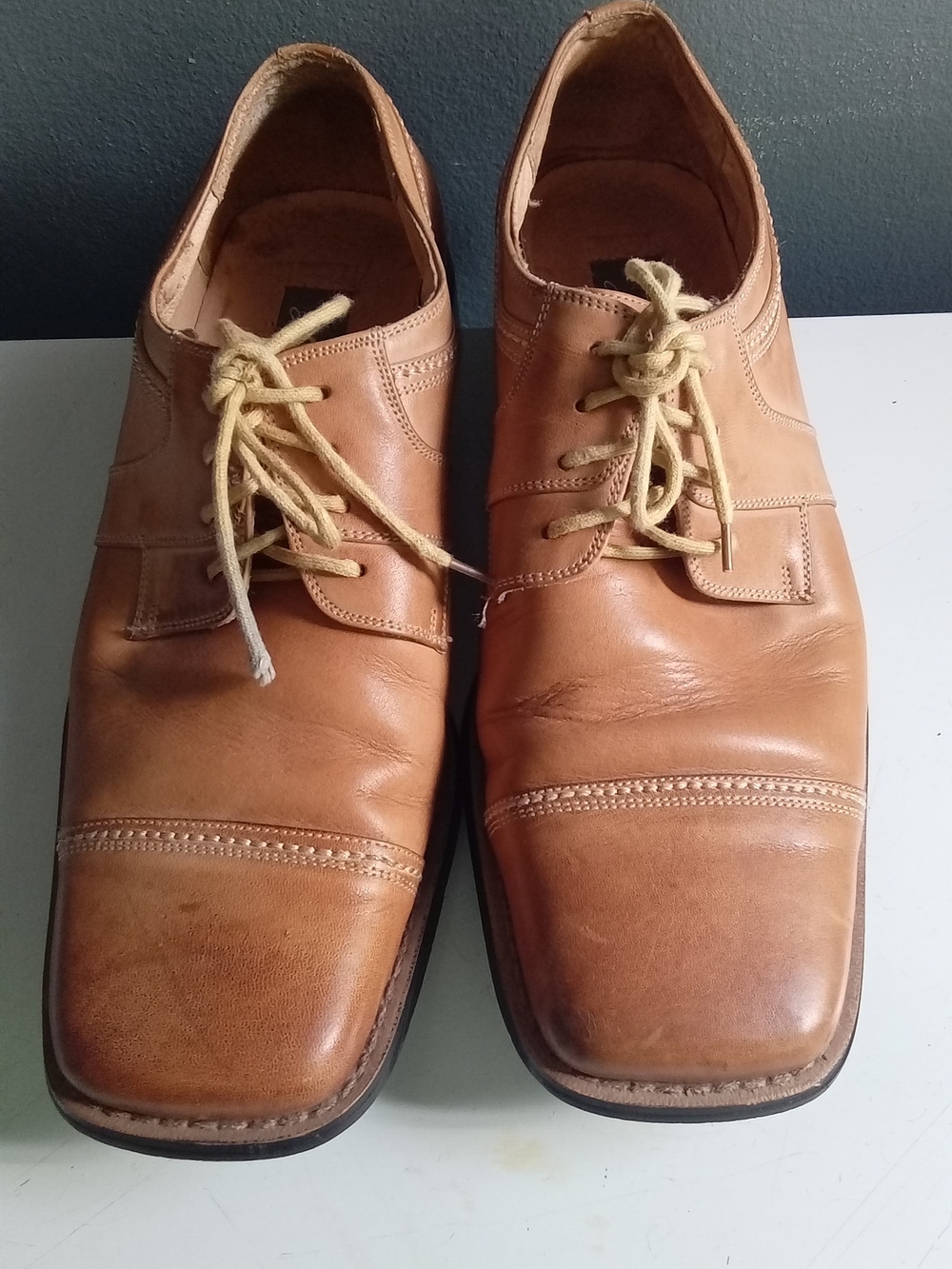 J Bosco Mens Tan Leather Cap Toe Dress Shoes Square Toe Lace Up Oxfords Size 9B